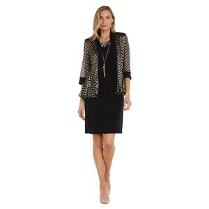NWT R&M Richards Two-Piece Print Pleated Metallic Knit Jacket Dress - size 10P